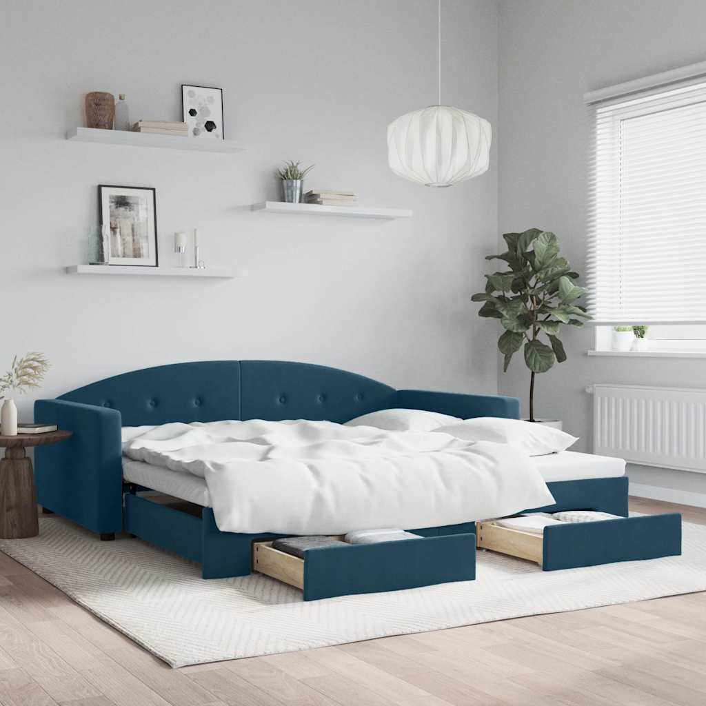 vidaXL Sofa rozsuwana z szufladami, niebieska, 100x200 cm, aksamit