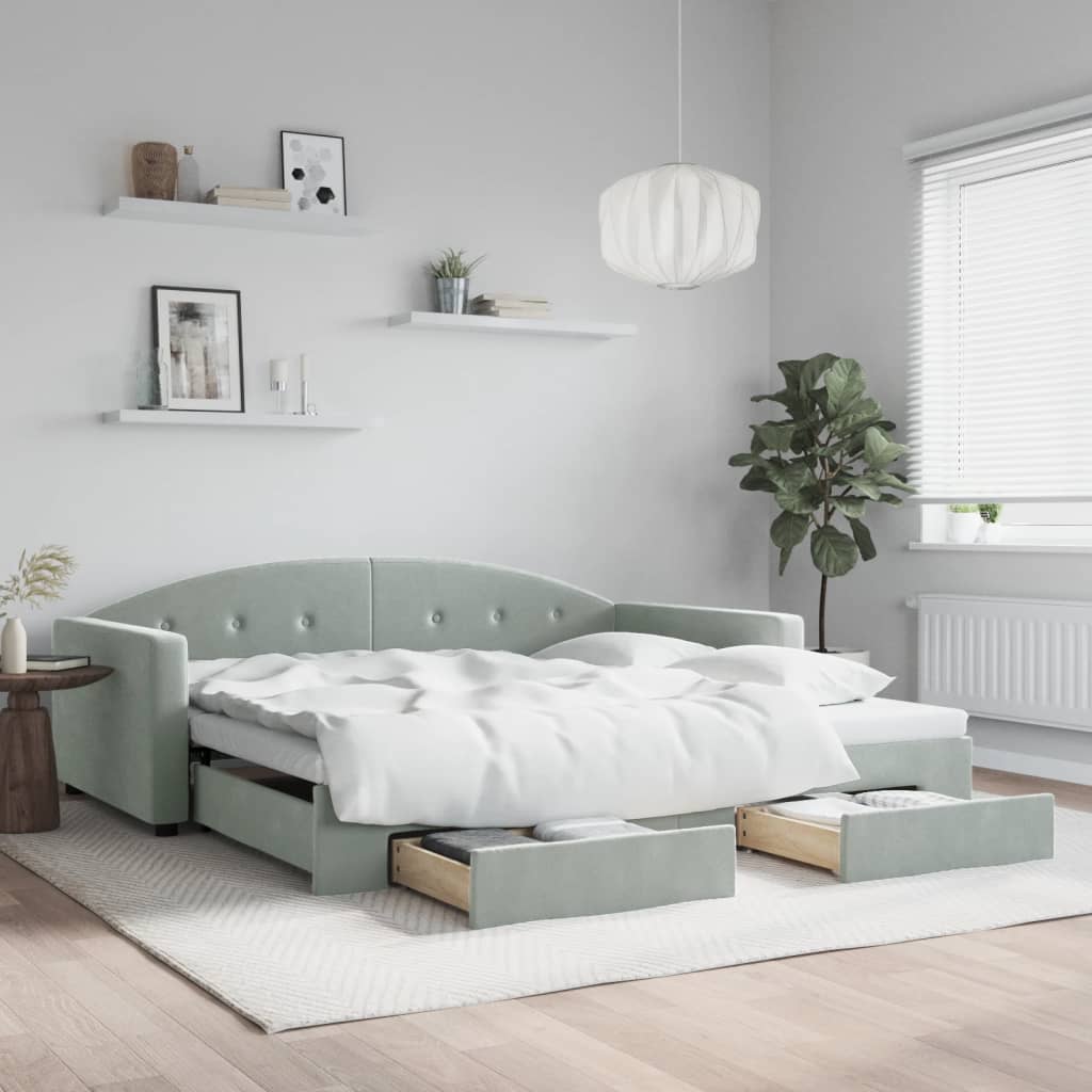vidaXL Sofa rozsuwana z szufladami, jasnoszara, 100x200 cm, aksamit