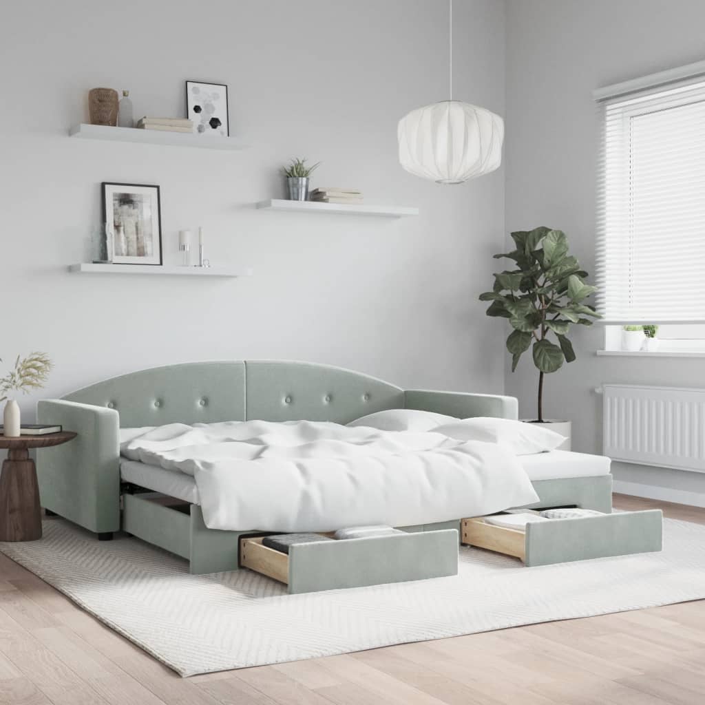 vidaXL Sofa rozsuwana z szufladami, jasnoszara, 90x190 cm, aksamit