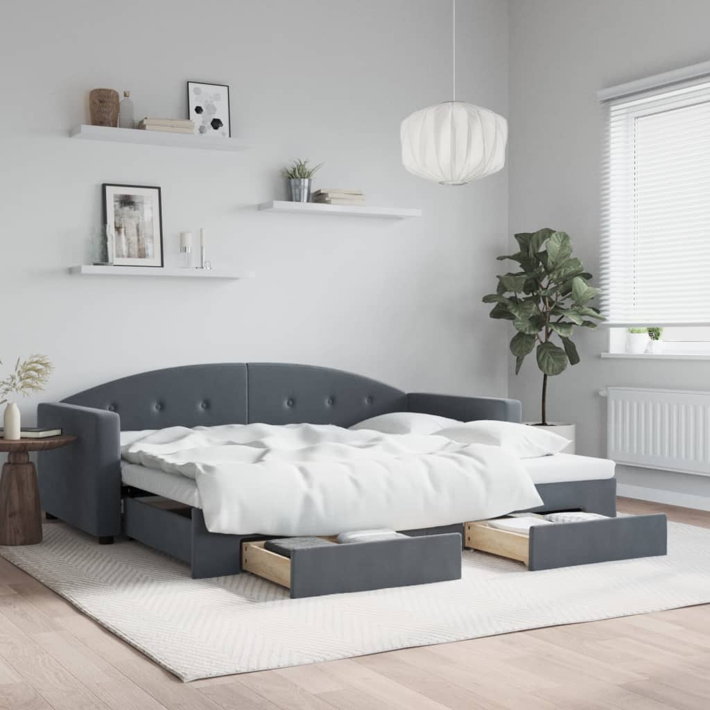 vidaXL Sofa rozsuwana z szufladami, ciemnoszara, 90x190 cm, aksamit
