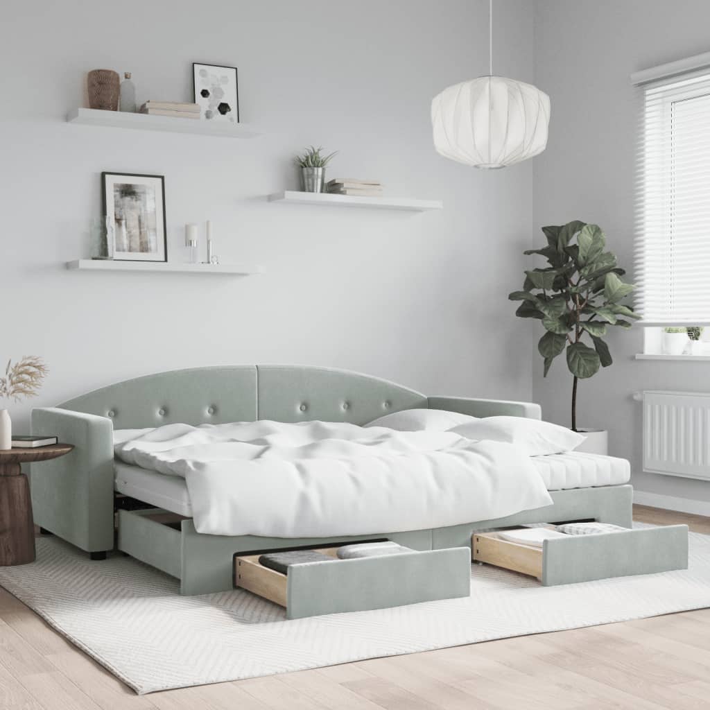 vidaXL Sofa rozsuwana z szufladami, jasnoszara, 80x200 cm, aksamit