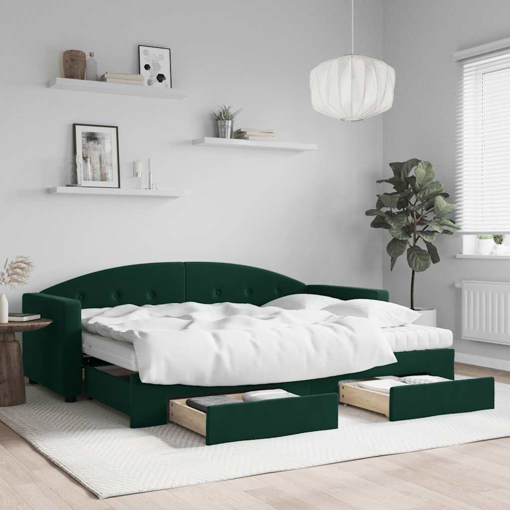 vidaXL Sofa rozsuwana z szufladami, ciemnozielona, 80x200 cm, aksamit