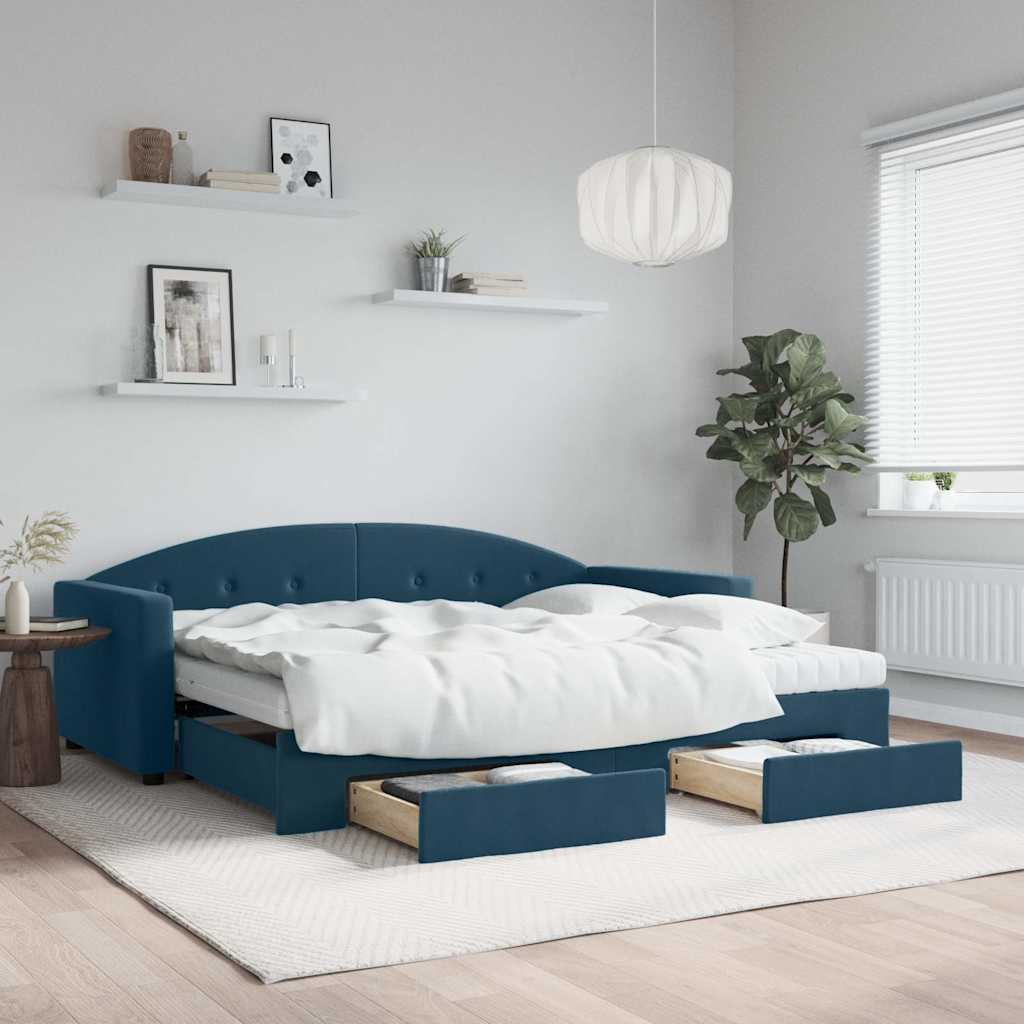 vidaXL Sofa rozsuwana z szufladami, niebieska, 90x200 cm, aksamit