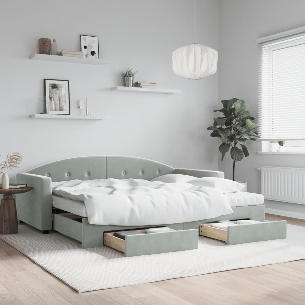vidaXL Sofa rozsuwana z szufladami, jasnoszara, 90x200 cm, aksamit