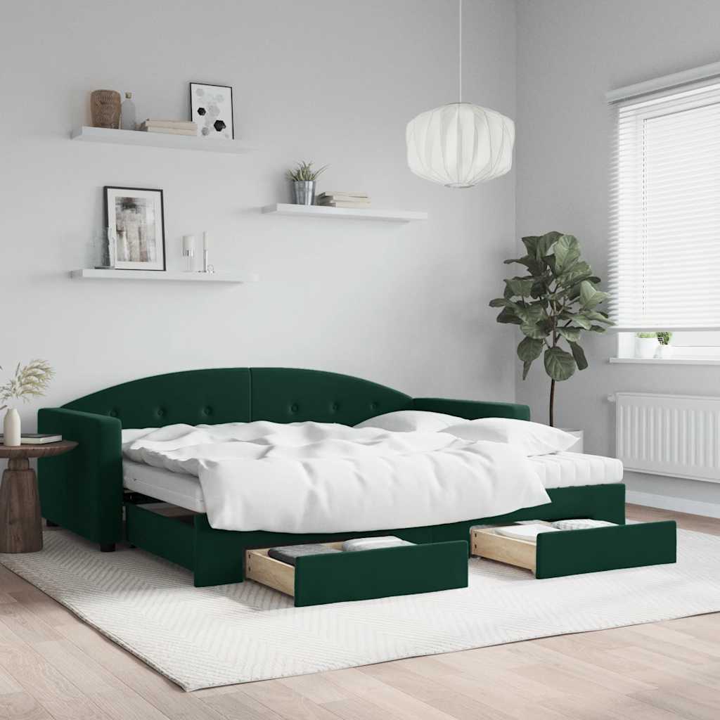 vidaXL Sofa rozsuwana z szufladami, ciemnozielona, 90x200 cm, aksamit
