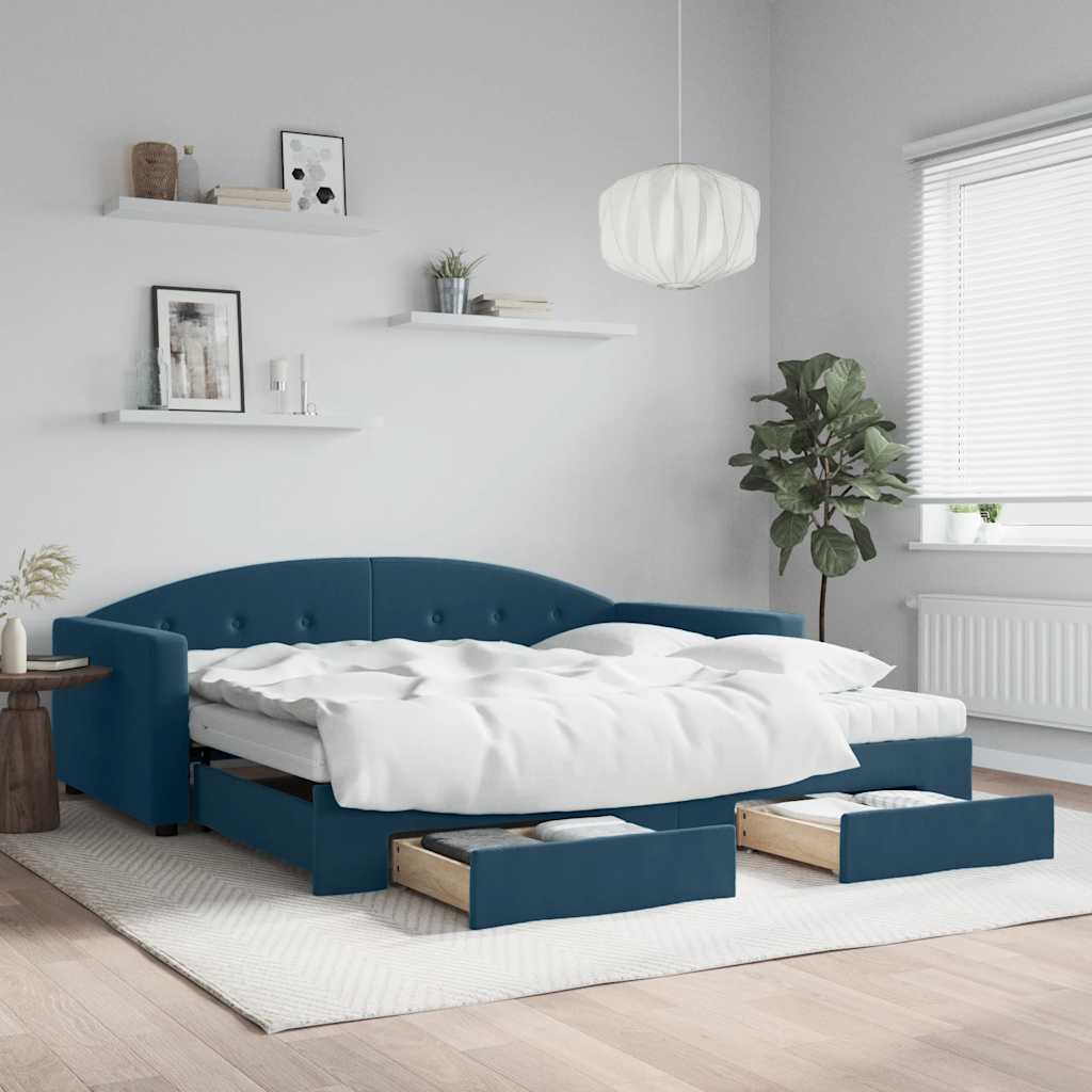 vidaXL Sofa rozsuwana z szufladami, niebieska, 100x200 cm, aksamit