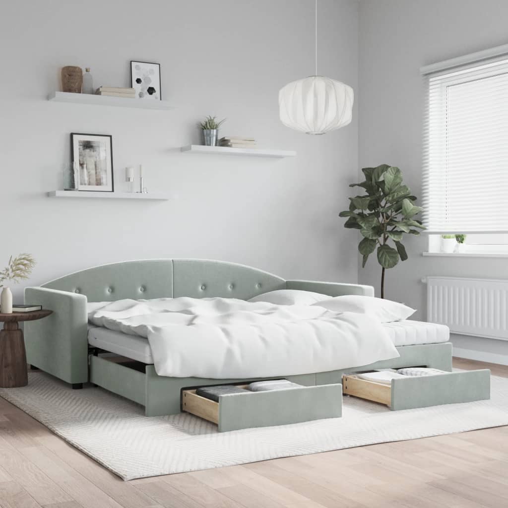 vidaXL Sofa rozsuwana z szufladami, jasnoszara, 100x200 cm, aksamit