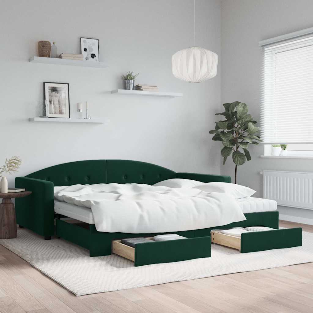 vidaXL Sofa rozsuwana z szufladami, ciemnozielona, 100x200 cm, aksamit