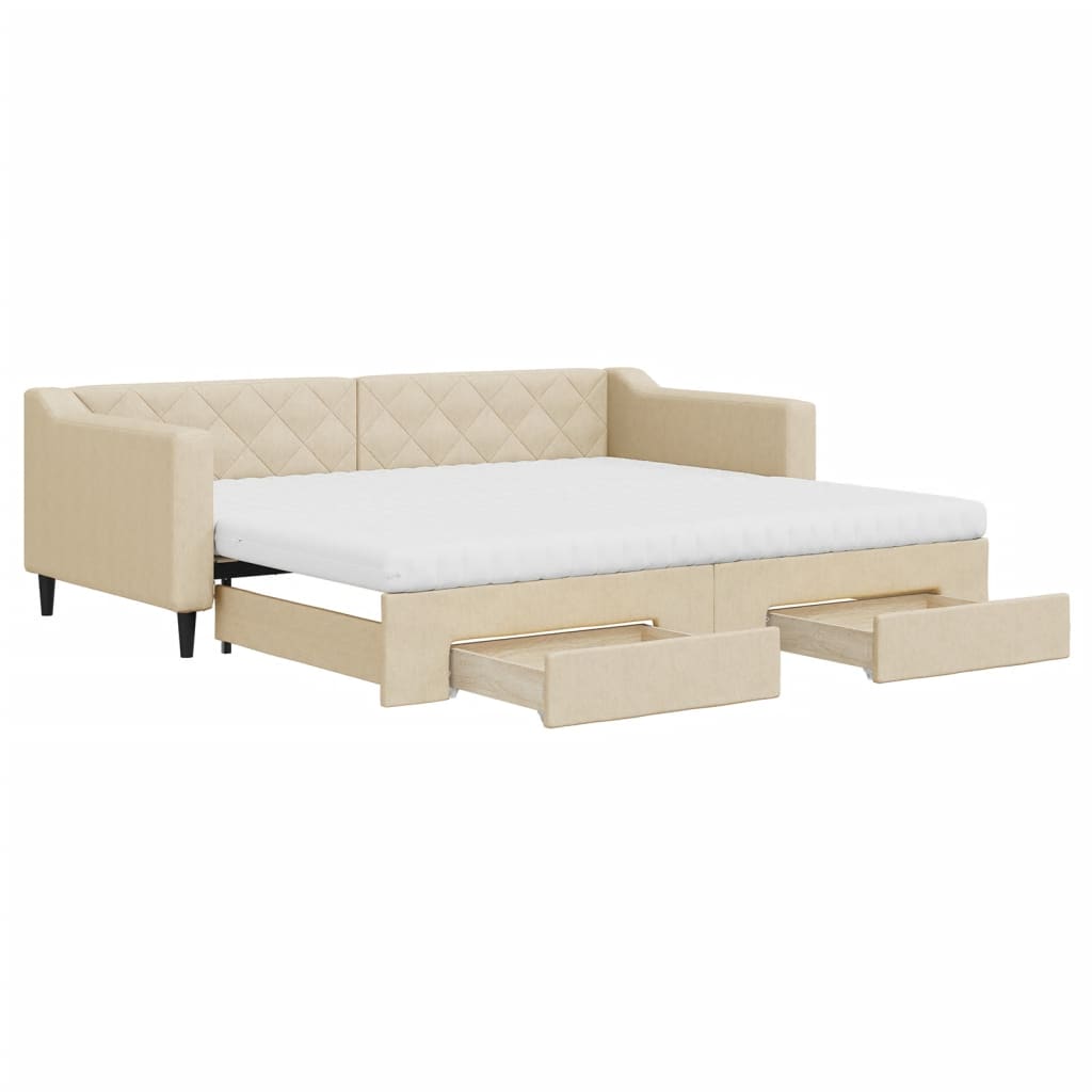 vidaXL Sofa rozsuwana z szufladami, kremowa, 90x200 cm, tkanina