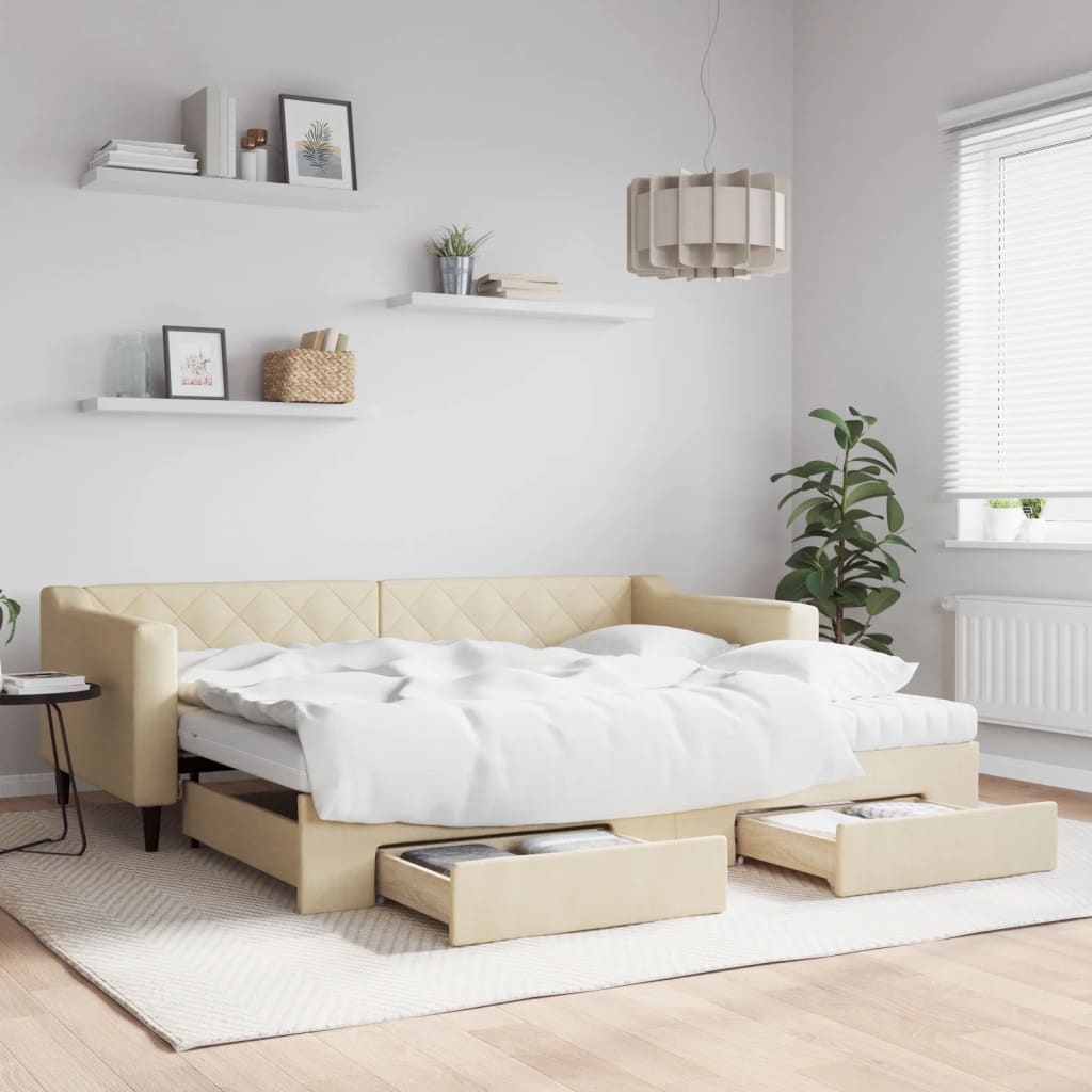 vidaXL Sofa rozsuwana z szufladami, kremowa, 90x200 cm, tkanina