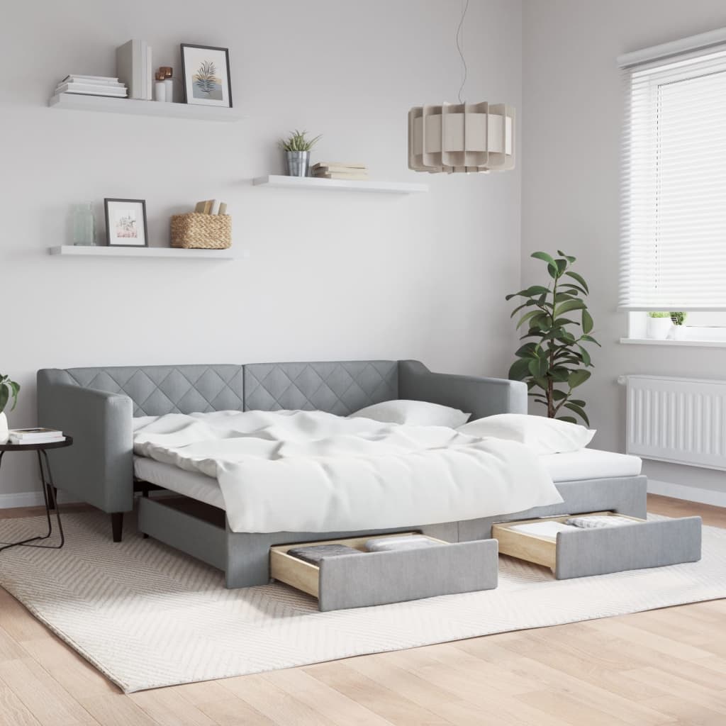 vidaXL Sofa rozsuwana z szufladami, jasnoszara, 100x190 cm, tkanina