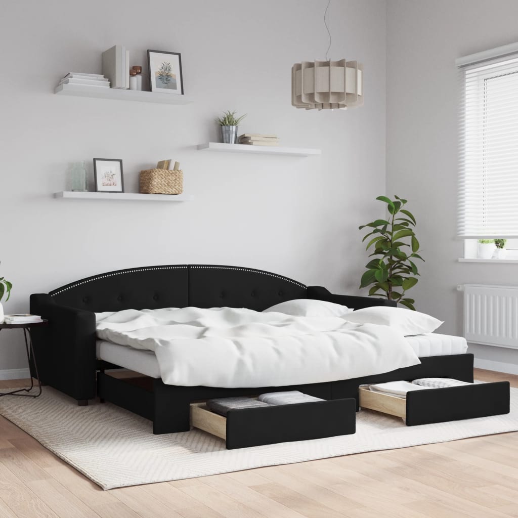 vidaXL Sofa rozsuwana z szufladami, czarna, 90x200 cm, tkanina