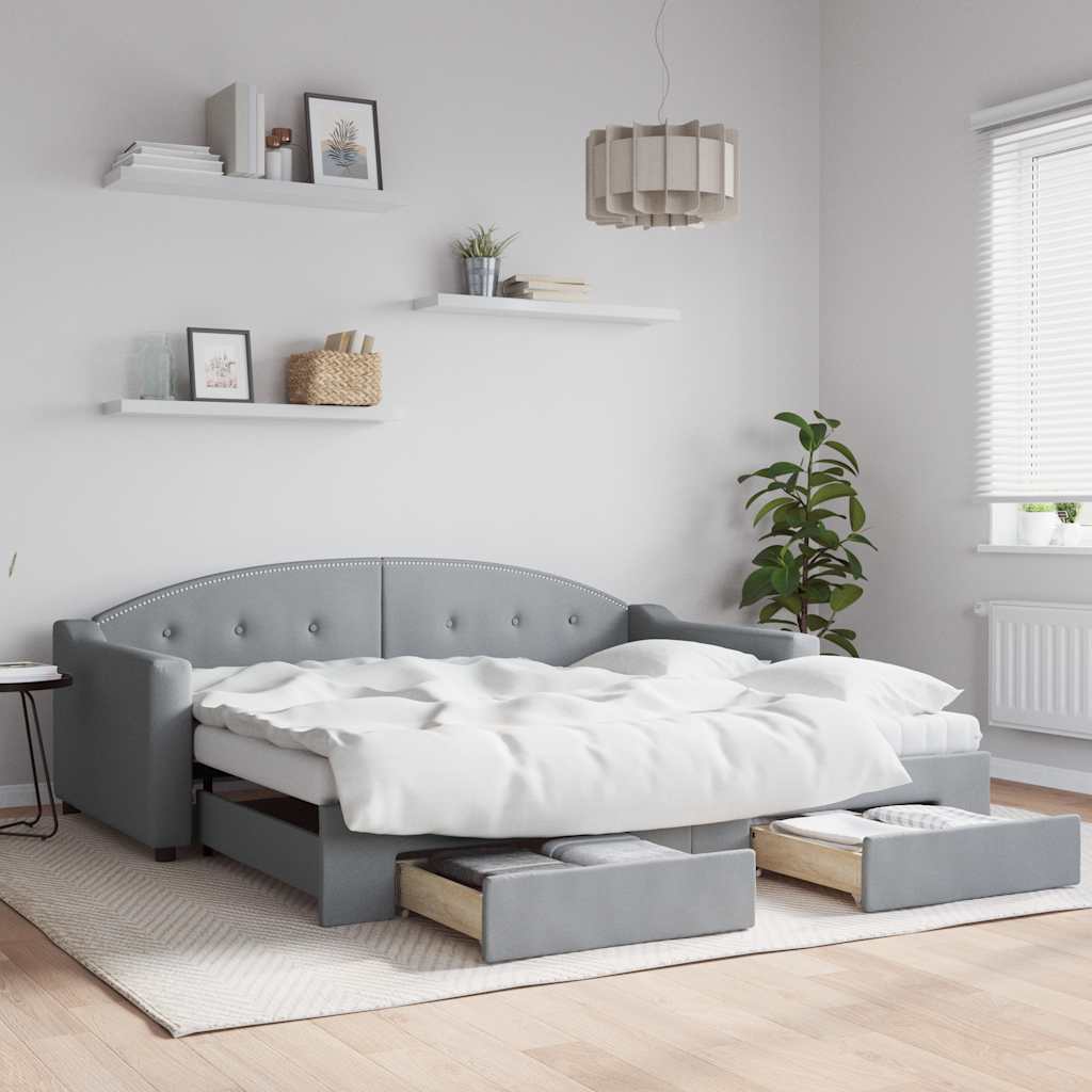 vidaXL Sofa rozsuwana z szufladami, jasnoszara, 100x190 cm, tkanina