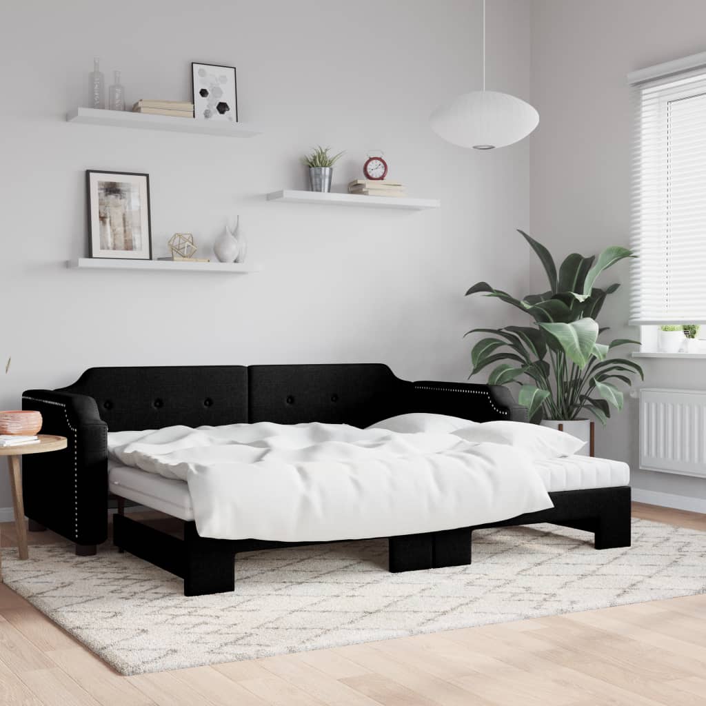 vidaXL Sofa rozsuwana z materacami, czarna, 100x200 cm, tkanina