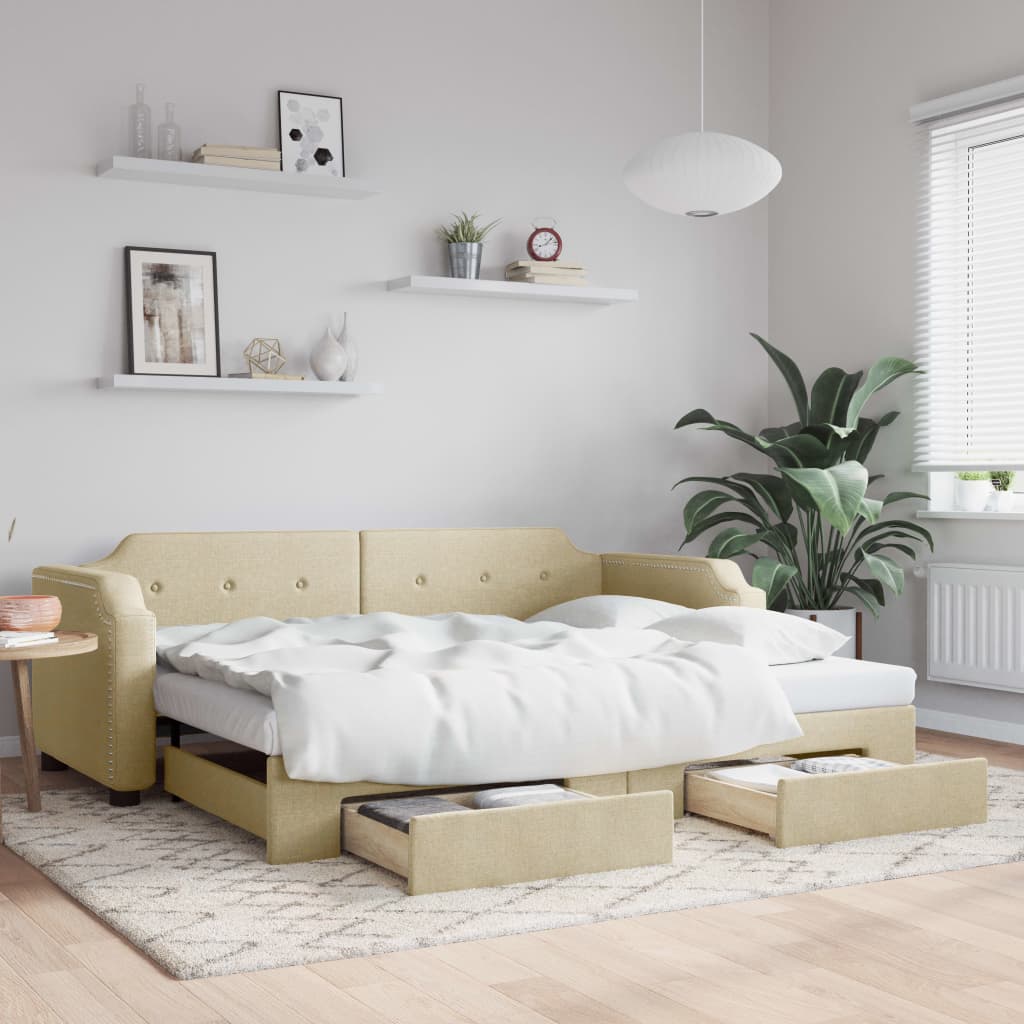 vidaXL Sofa rozsuwana z szufladami, kremowa, 90x200 cm, tkanina