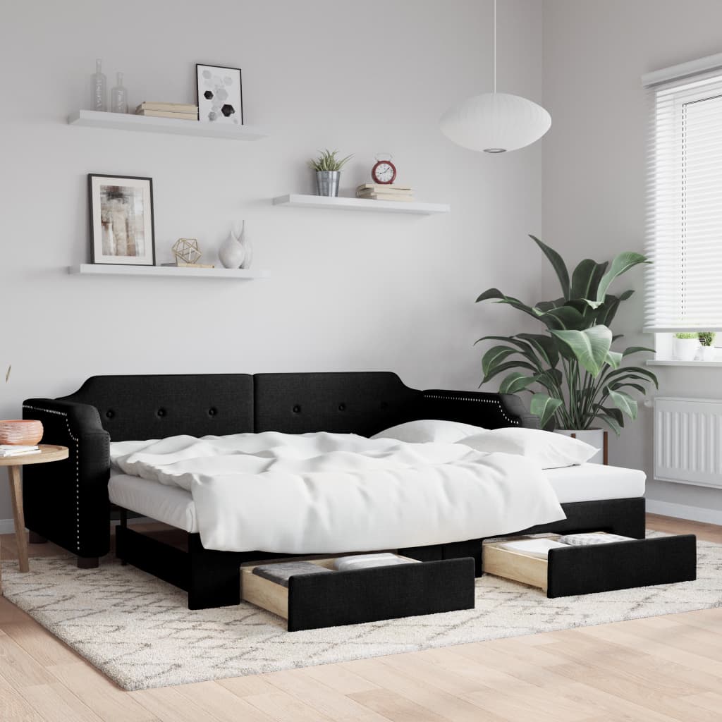 vidaXL Sofa rozsuwana z szufladami, czarna, 100x200 cm, tkanina