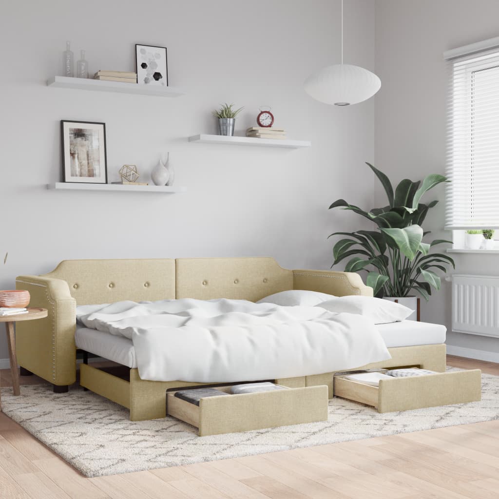 vidaXL Sofa rozsuwana z szufladami, kremowa, 100x200 cm, tkanina