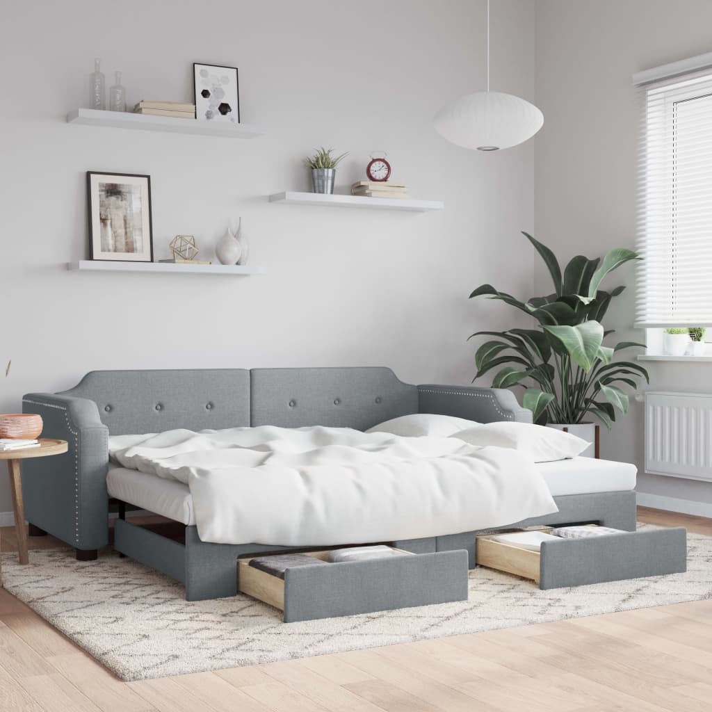 vidaXL Sofa rozsuwana z szufladami, jasnoszara, 90x190 cm, tkanina