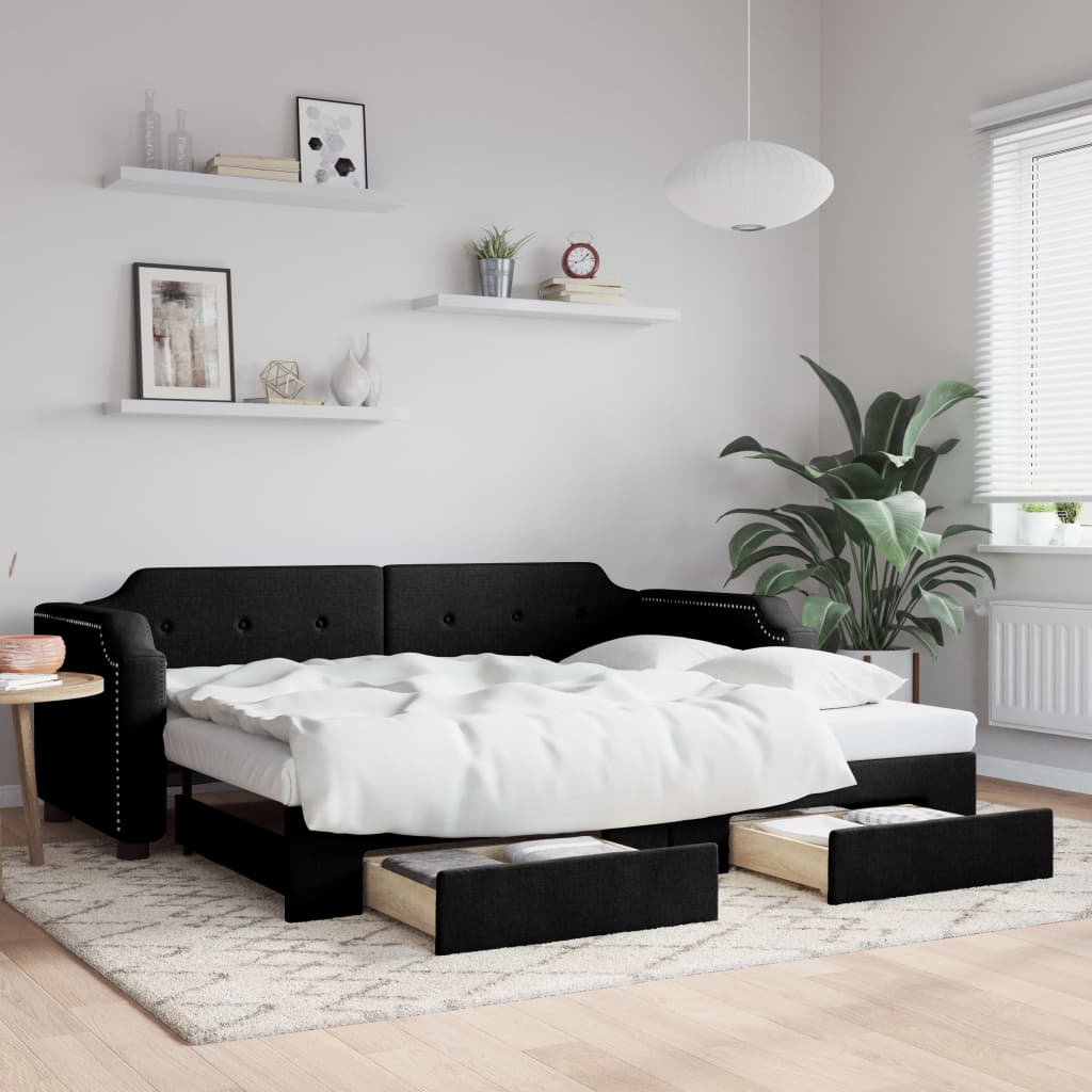 vidaXL Sofa rozsuwana z szufladami, czarna, 90x190 cm, tkanina