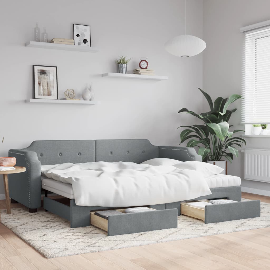 vidaXL Sofa rozsuwana z szufladami, jasnoszara, 90x200 cm, tkanina