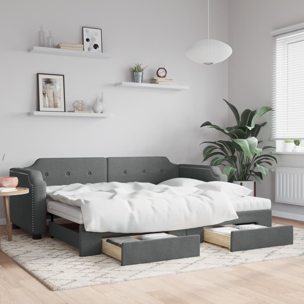 vidaXL Sofa rozsuwana z szufladami, ciemnoszara, 90x200 cm, tkanina