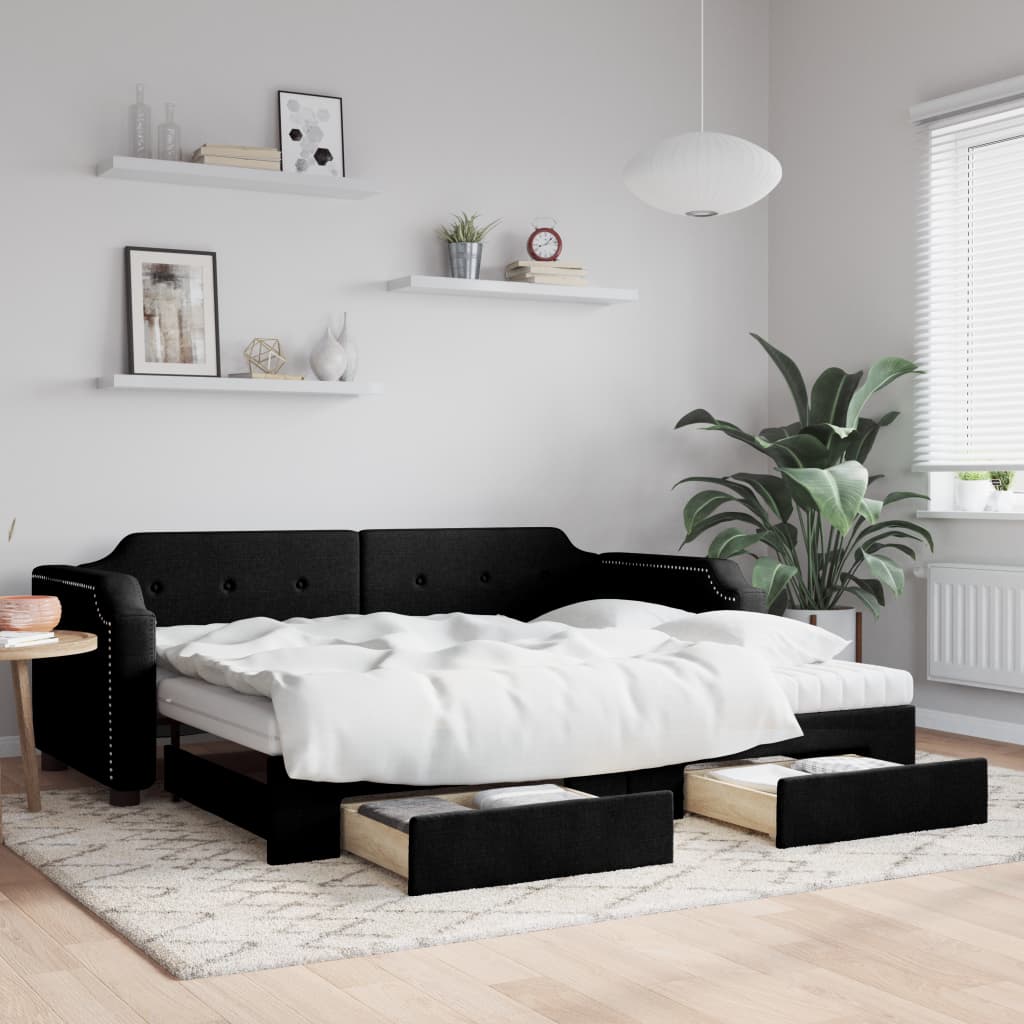 vidaXL Sofa rozsuwana z szufladami, czarna, 90x200 cm, tkanina
