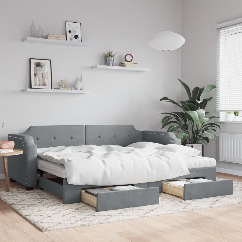 vidaXL Sofa rozsuwana z szufladami, jasnoszara, 100x200 cm, tkanina