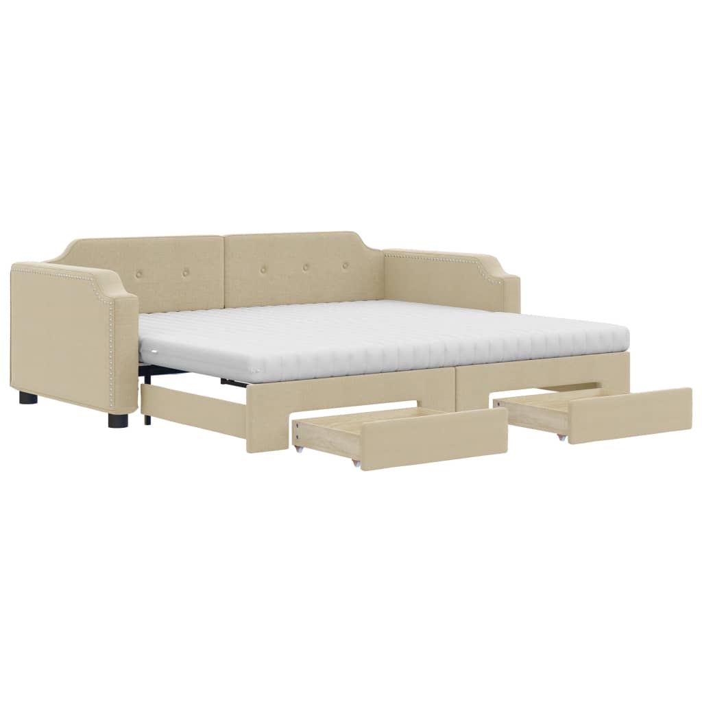 vidaXL Sofa rozsuwana z szufladami, kremowa, 100x200 cm, tkanina