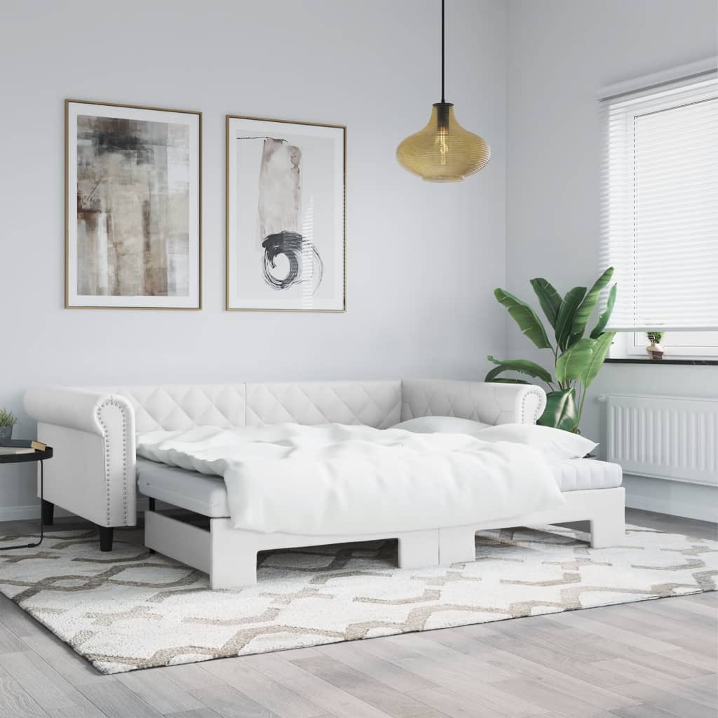 vidaXL Sofa rozsuwana z materacami, biała, 90x200 cm, sztuczna skóra