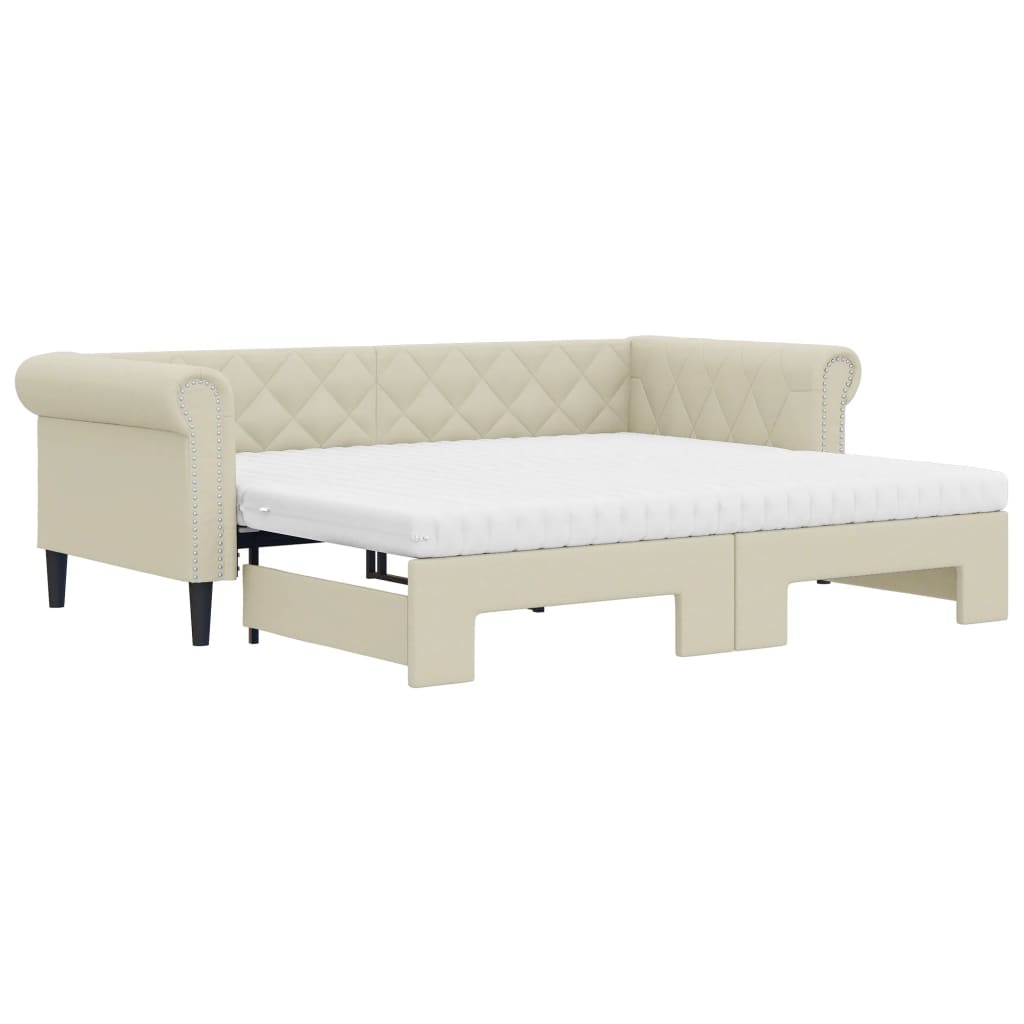 vidaXL Sofa rozsuwana z materacami, kremowa, 90x200 cm, sztuczna skóra