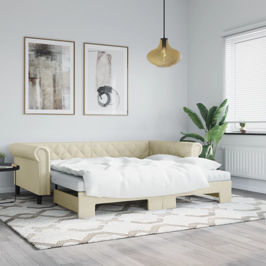 vidaXL Sofa rozsuwana z materacami, kremowa, 90x200 cm, sztuczna skóra