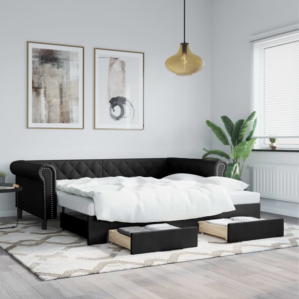 vidaXL Sofa rozsuwana z szufladami, czarna, 90x200 cm, sztuczna skóra