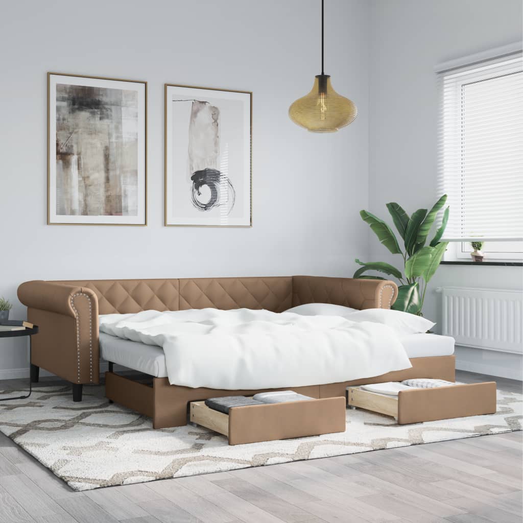 vidaXL Sofa rozsuwana z szufladami, cappuccino, 90x200 cm, ekoskóra