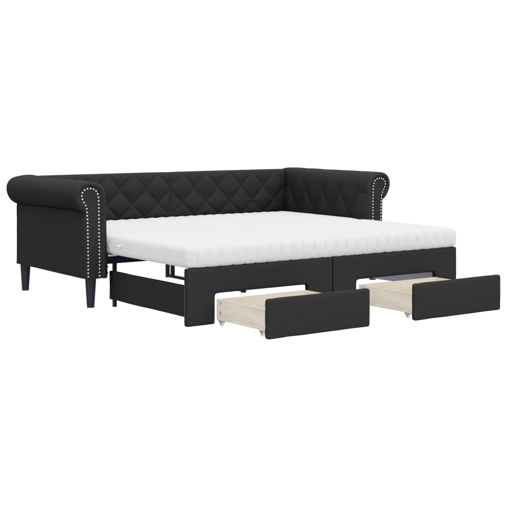 vidaXL Sofa rozsuwana z szufladami, czarna, 90x200 cm, sztuczna skóra