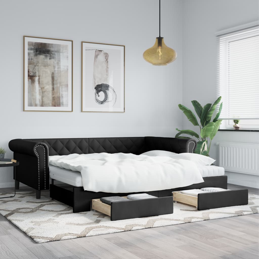 vidaXL Sofa rozsuwana z szufladami, czarna, 90x200 cm, sztuczna skóra