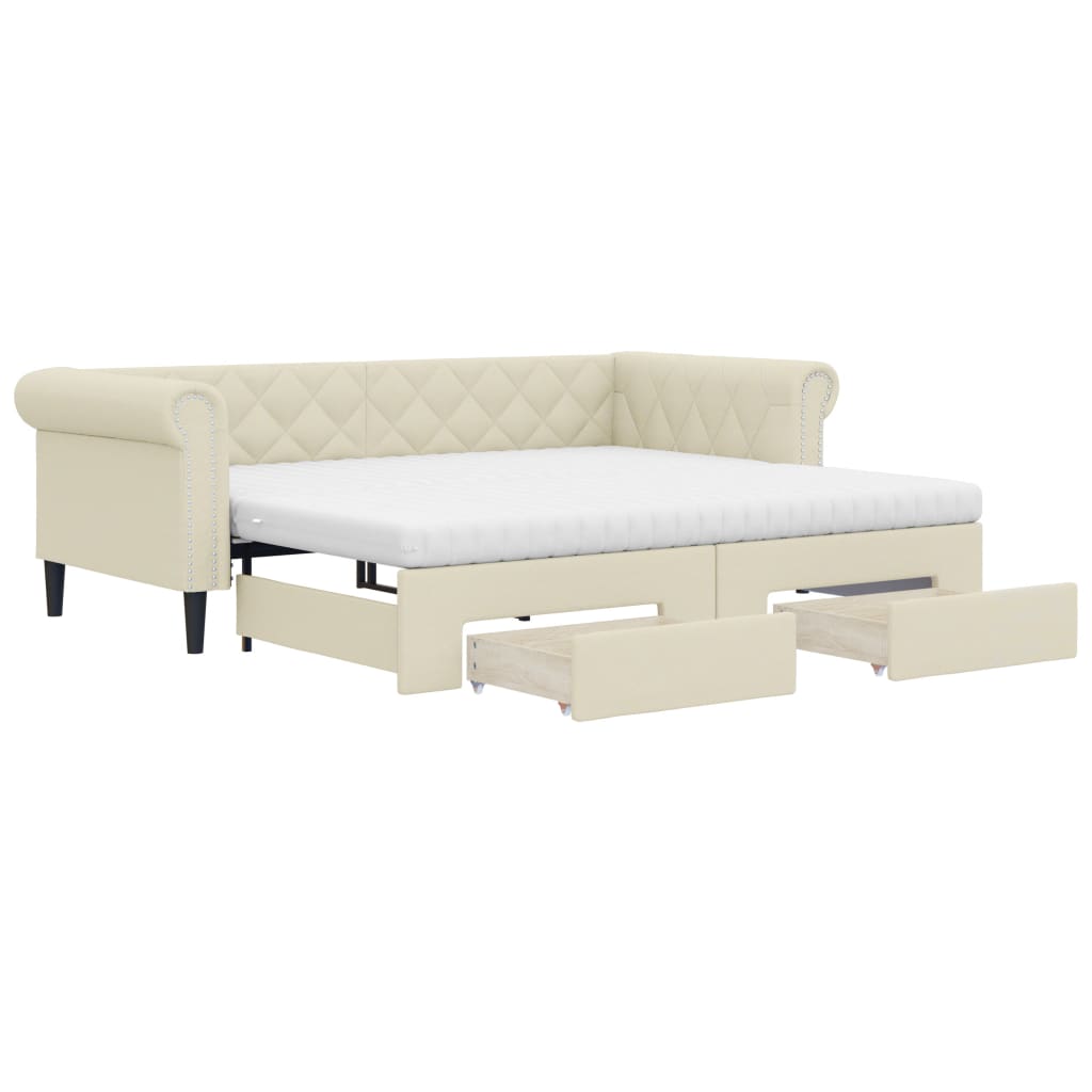 vidaXL Sofa rozsuwana z szufladami, kremowa, 90x200 cm, sztuczna skóra