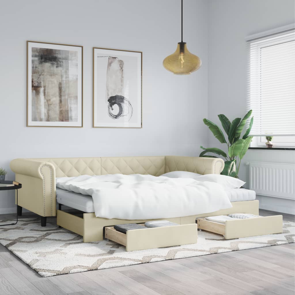 vidaXL Sofa rozsuwana z szufladami, kremowa, 90x200 cm, sztuczna skóra