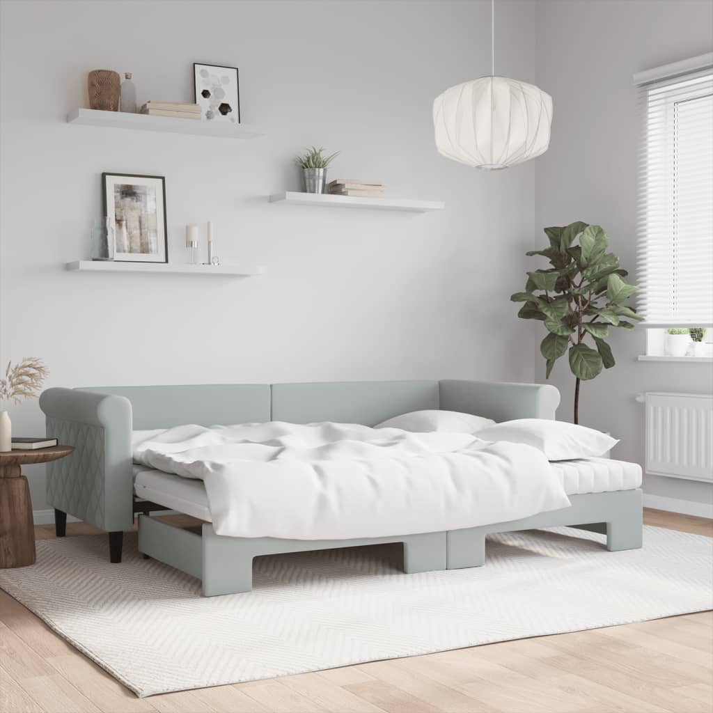 vidaXL Sofa rozsuwana z materacami, jasnoszara, 80x200 cm, aksamit