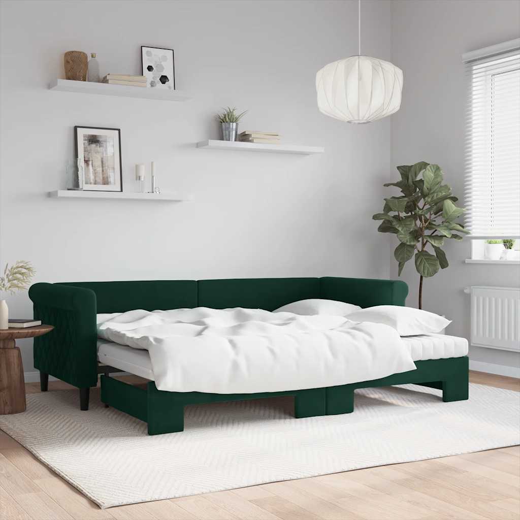 vidaXL Sofa rozsuwana z materacami, ciemnozielona, 80x200 cm, aksamit