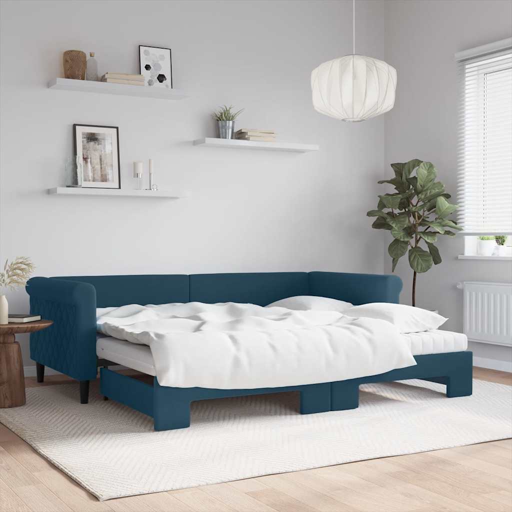 vidaXL Sofa rozsuwana z materacami, niebieska, 90x200 cm, aksamit