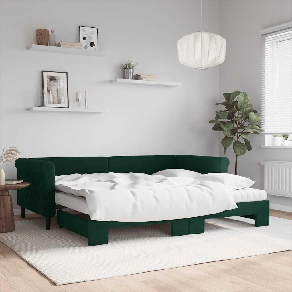 vidaXL Sofa rozsuwana z materacami, ciemnozielona, 90x200 cm, aksamit