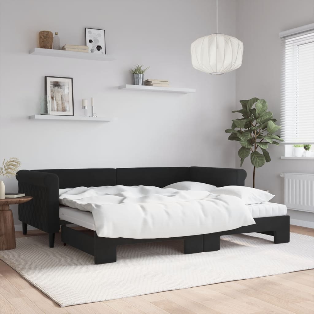 vidaXL Sofa rozsuwana z materacami, czarna, 90x200 cm, aksamit
