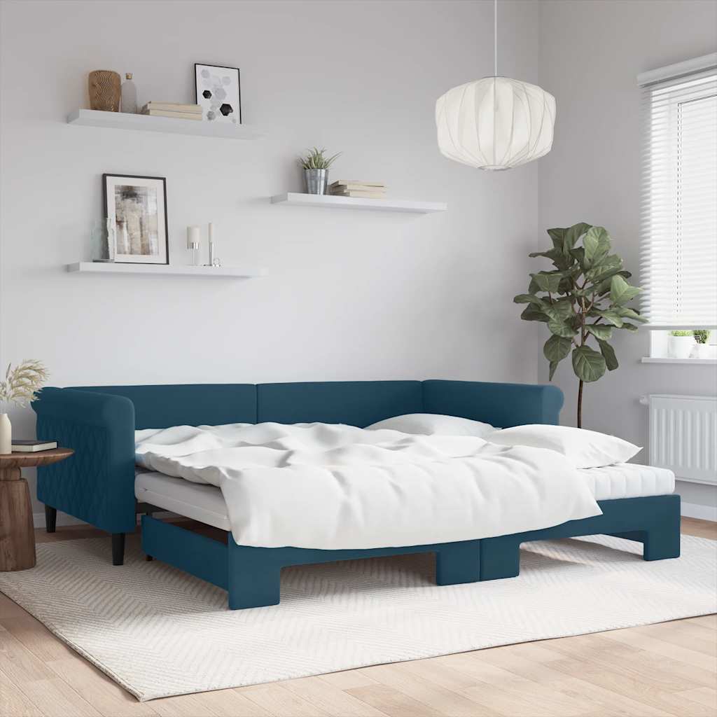 vidaXL Sofa rozsuwana z materacami, niebieska, 100x200 cm, aksamit