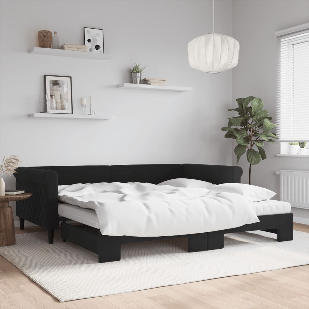 vidaXL Sofa rozsuwana z materacami, czarna, 100x200 cm, aksamit