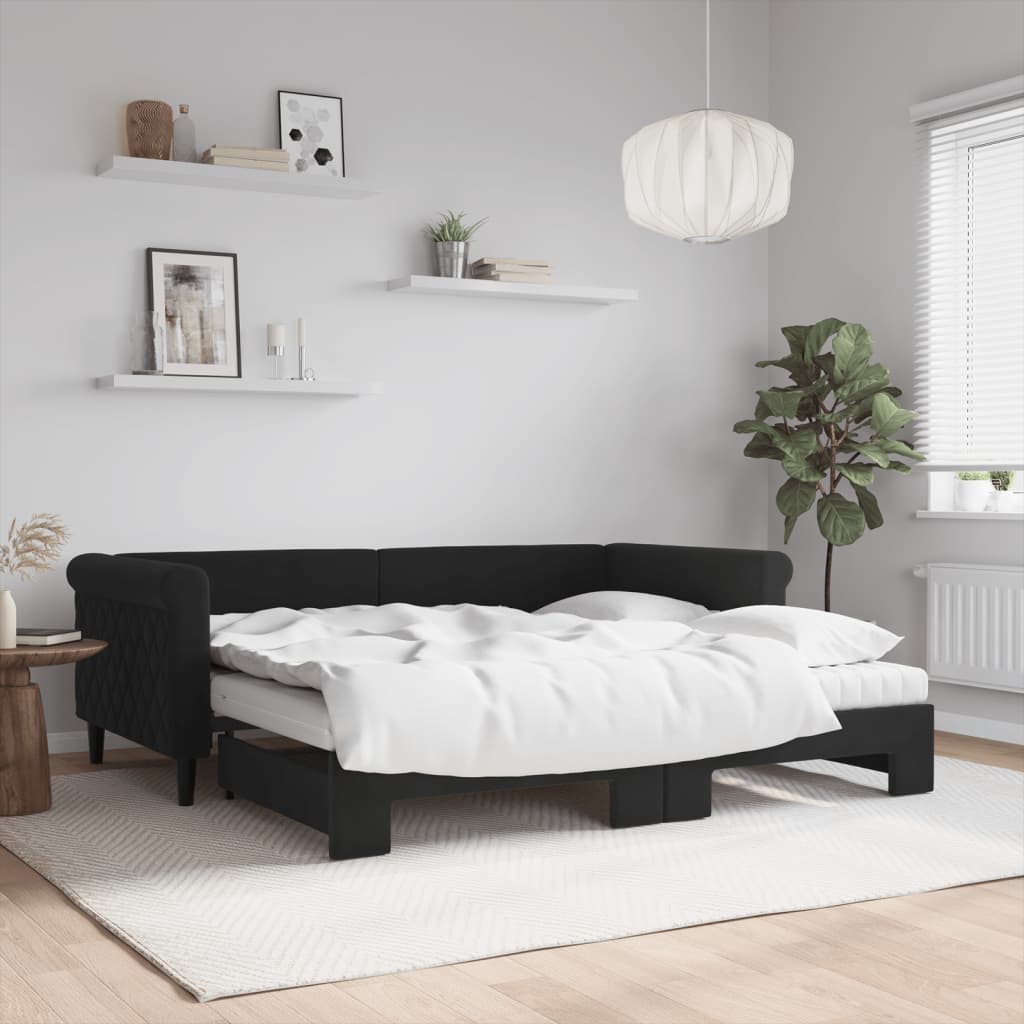 vidaXL Sofa rozsuwana z materacami, czarna, 90x190 cm, aksamit