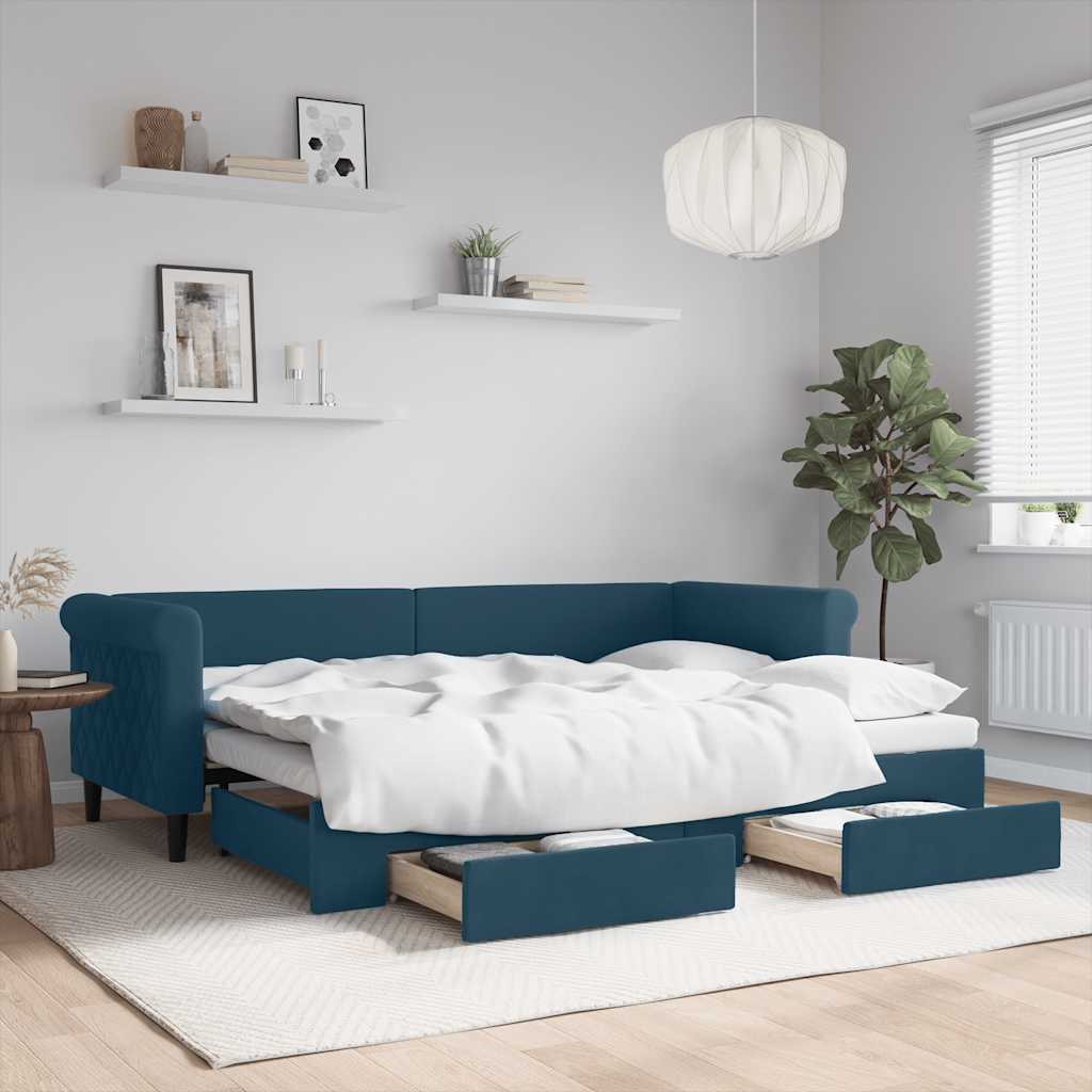 vidaXL Sofa rozsuwana z szufladami, niebieska, 80x200 cm, aksamit