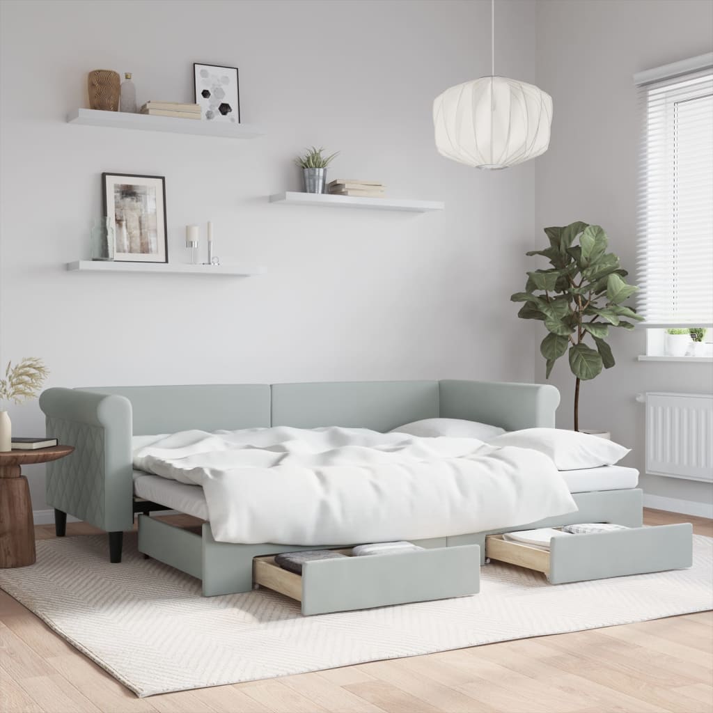 vidaXL Sofa rozsuwana z szufladami, jasnoszara, 80x200 cm, aksamit