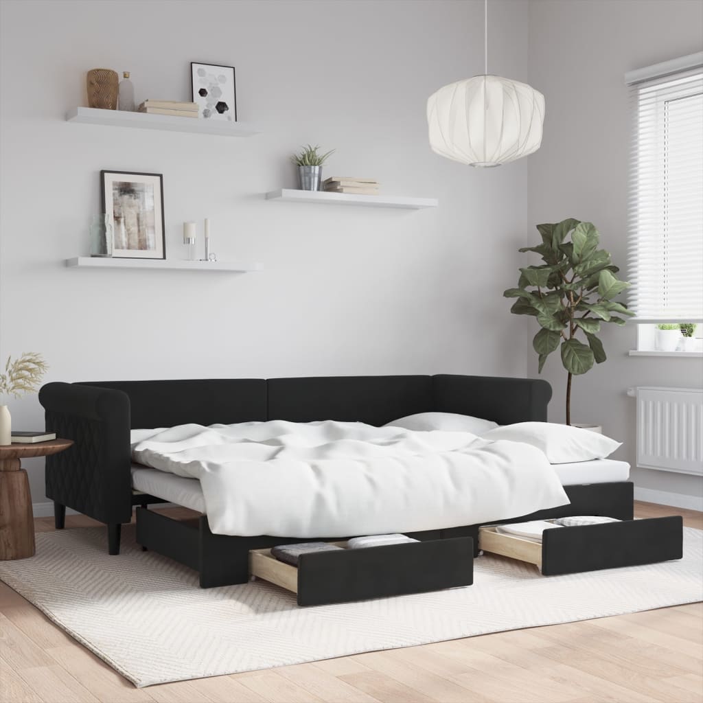 vidaXL Sofa rozsuwana z szufladami, czarna, 80x200 cm, aksamit