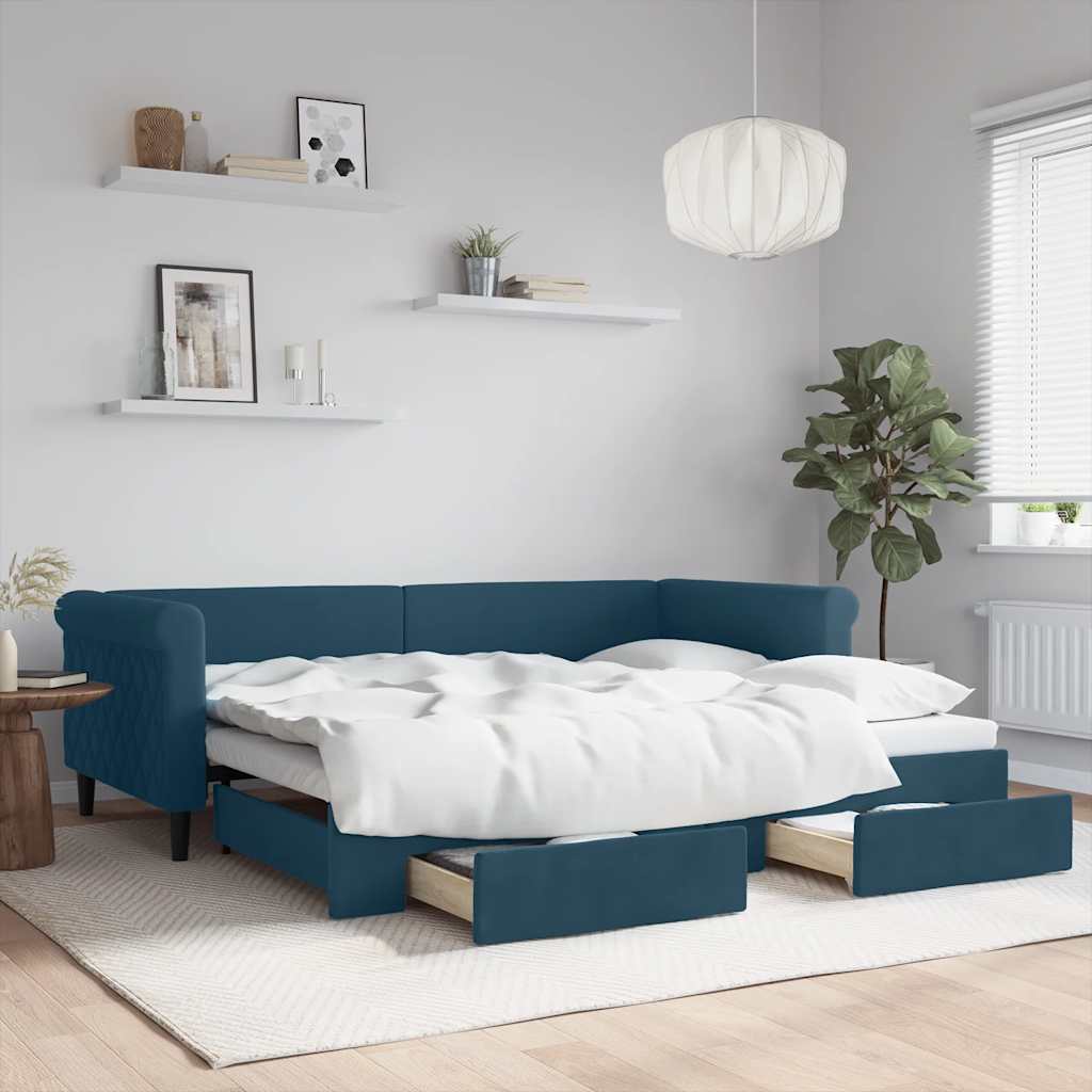 vidaXL Sofa rozsuwana z szufladami, niebieska, 90x200 cm, aksamit