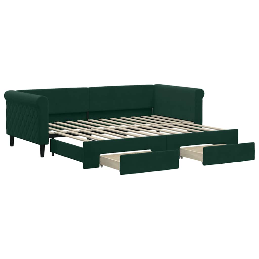 vidaXL Sofa rozsuwana z szufladami, ciemnozielona, 90x200 cm, aksamit